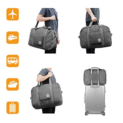 Wandf Foldable Travel Duffel Bag Luggage Sports Gym Water Resistant Nylon, Grey