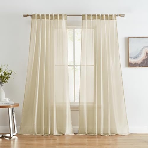 HLC.ME Lauren Semi Sheer Light Filtering Transparent Pocket Top & Back Tab Lightweight Short Window Curtains Drapery Panels Bedroom & Living Room, 2 Panels (54 x 63 Inch, Beige)