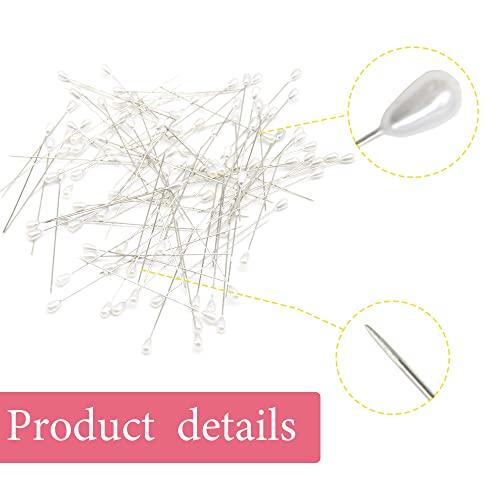 Yosawa 150 Pcs Corsage Boutonniere Pins Teardrop White Pearl Head Pins Wedding Bouquet Pins for Fabric, Jewelry DIY, Wedding Flower Decorations (75mm/White)