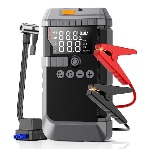 Car Battery Jump Starter with Air Compressor, 12V Car Battery Booster, Tire Inflator, LED Display for All Gas & 12L Dies - Detailed View