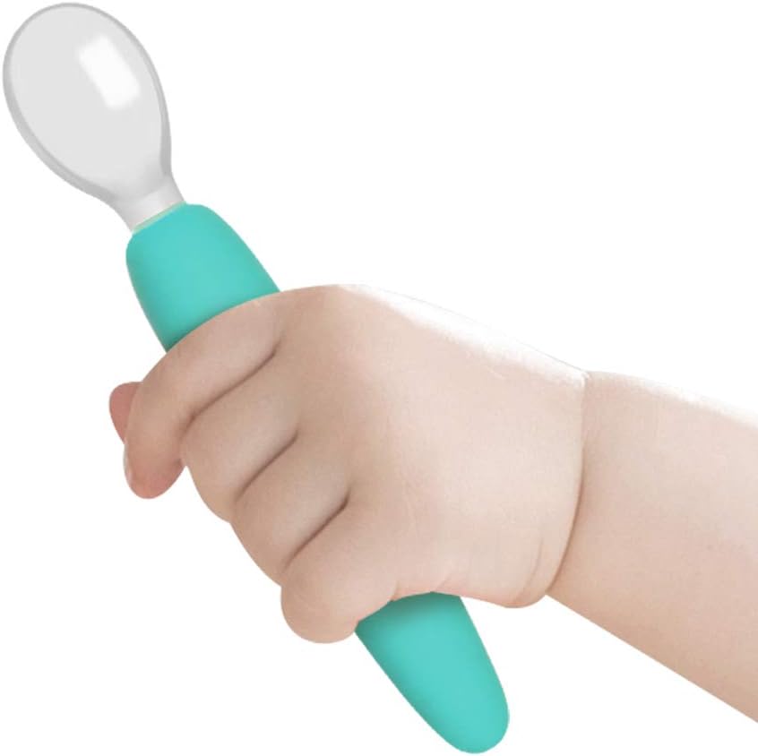 haakaa Toddler Forks and Spoons Set - Bendy Silicone Self Feeding Baby Utensils, Toddler Spoons Baby Training Spoons with Storage Case, Bluestone, 12+