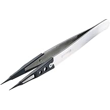 HOZAN ESD Chip Tweezers Anti-Static Cure Tip Width 0.02 inches 0.4 mm, Total Length 4.9 inches 125 mm, Body Material Stainless Steel, Chip PEEK P-641-S