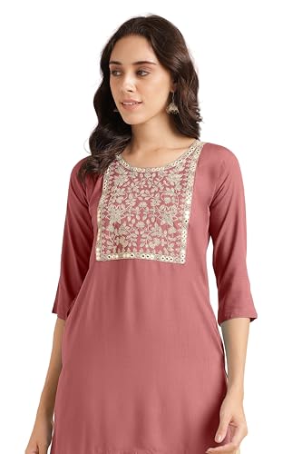 Image of MIRCHI FASHION Women's Straight Fit Rayon Sequins Embroidered and Polka Dots Printed Kurti Only