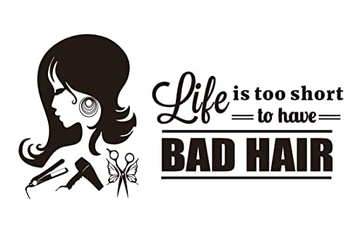 Uilmniy Hair Beauty Salon Wall Decal Vinyl Haircut Hairdressing Decor Sticker For Barber Shop Art Quotes Life Is Too Short To Have Bad Hair Removable Hairstyle Wall Stickers Wallpaper Afn15 (Black) #TOP6