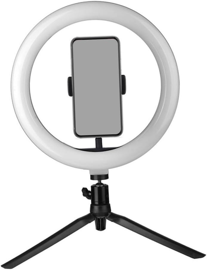 USB Integrated 10-Inch Fill Light Phone Stand with Remote, Adjustable Three-Color Dimmable Selfie Light Tripod Holder for Live Streaming and Makeup, Black