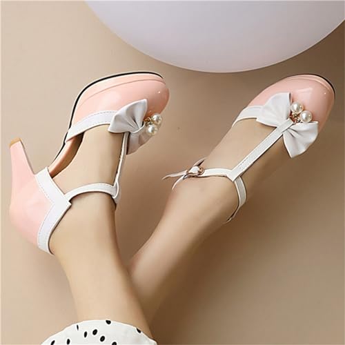 Image of Elbslutt Women's Cute Retro Rockabilly Shoes T Strap Mary Janes Heels Chunky Cosplay Shoes Sweet Block Heeled Bow Pumps