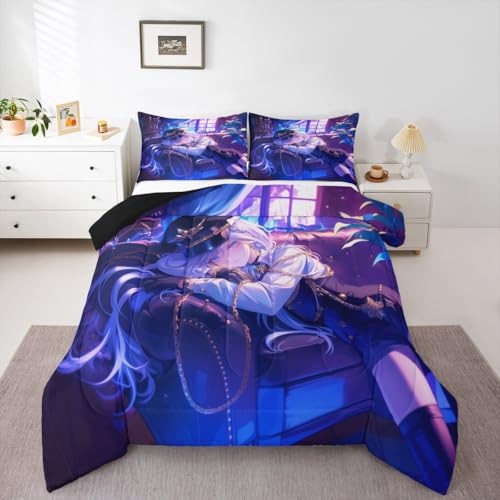 Image of Erosebridal Japanese Anime Comforter Set,Cartoon Uniform Girls Bedding for Boys Teen Bedroom Decoration Cute Japanese Cartoon King Size Duvet Set, Anime Aesthetic Art Quilt with 2 Pillowcases