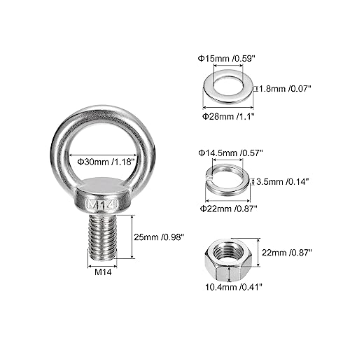 Image of uxcell Lifting Eye Bolt, 1 Set M14x25mm Eye Bolt with Nut Washer 304 Stainless Steel Shoulder Lifting Ring Eye Bolt for Hanging Item