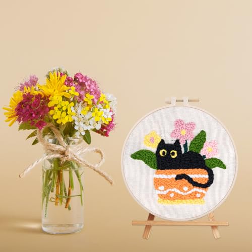 Image of Louise Maelys Cat Plant Pattern Embroidery Kit for Beginners | Pre-Printed Fabric, Hoop, Rug Handle Pen, Yarns. Cross Stitch Kits with Cat Design. DIY Needle Point Kits