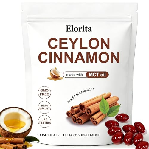 Menjint Elorita Ceylon Cinnamon Soft Gels with MCT Oil 12:1 High Potency Extract 300 Capsules True Cinnamon Supplements Highly Bioavailable Herbal Extract Non-GMO Gluten Free