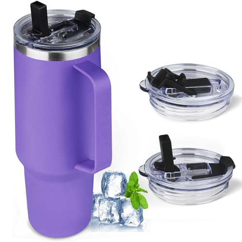 Image of 40 oz Tumbler with Handle and Flip Straw, 100% Leakproof Insulated Tumbler with Lid and Straw, Stainless Steel Travel Coffee Mug, Insulated Coffee Thermal Cup for Cold and Hot (Purple)