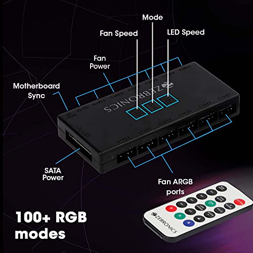 Image of (Renewed) ZEBRONICS ZEB-PGF520C 120mmx3 Premium Chassis ARGB Fans Combo Kit with RGB Controller, Remote, 35CFM Airflow, RGB Sync, Hydro Bearing, 18 LED Fans, ARGB Extender and Dual 3 Pin Connector.