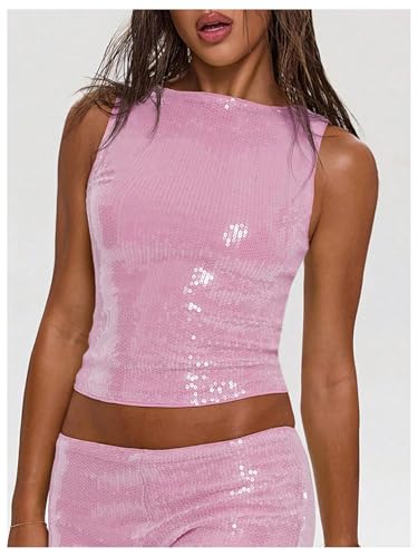 MakeMeChic Women's Sequin Sparkly Tank Crew Neck Sleeveless Party Crop Tops Clubwear4