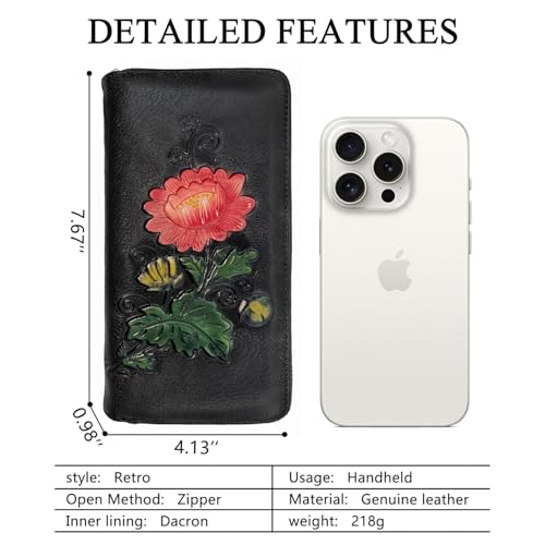 Image of Wallet Genuine Leather for Women - with RFID Blocking Card checkbook ID Slot Large Capacity Vintage style (chrysanthemum black)