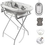 cozzeo Baignoire Pliable Bébé sur Pied – avec Tuyau de Vidange – Thermomètre Intégré – Coussin de Bain et Sangles d’Attache – Baignoire Pliable Bébé Évolutive – Cadeau de Naissance