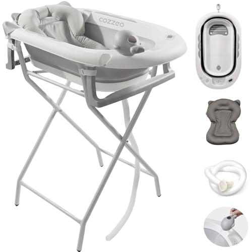 cozzeo Baignoire Pliable Bébé sur Pied – avec Tuyau de Vidange – Thermomètre Intégré – Coussin de Bain et Sangles d’Attache – Baignoire Pliable Bébé...