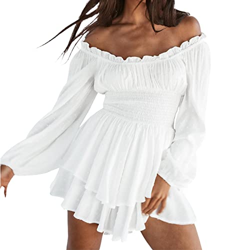Vestido blanco para mujer pirata, vestido corto con pantalones cortos integrados, manga larga, con volantes, vestido de pirata, vestido 2 en 1, corto, monocolor, vestido de playa, Blanco, S