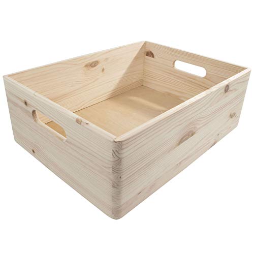 Boîte de rangement ouverte en bois avec poignées | 40 x 30 x 13,5 cm | Pin non peint et non traité pour découpage artisanal | Caisse de coffre sans couvercle Cover