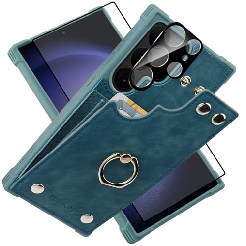 PYTWOPY Galaxy S24 Ultra 6.8 inch Phone Case, Wallet with Card Holder, Faux Leather, Shockproof, RFID Blocking, Kickstand, Blue Green