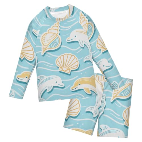 Traje de baño de dos piezas para niños conjunto azul con manga larga de delfín