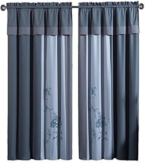 Chezmoi Collection 4-Pieces Gray Blue Embroidered Floral Window Curtain Set w/Tassels