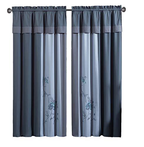 Chezmoi Collection 4-Pieces Gray Blue Embroidered Floral Window Curtain Set w/Tassels
