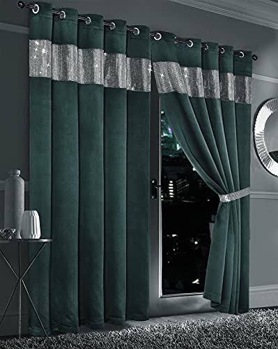 Olivia Rocco Diamante Blackout Eyelet Curtains With Tie Backs Black Out Thermal Ring Top Curtain Pair Window Dressing, 66" (Width) x 72" (Drop) Emerald Green