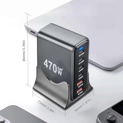 Image of MX 470W USB C Charger Block GaN III USB Desktop Charging Station 6 Port GaN Desktop Charger, USB C Charging Station 140W Type C Laptop Charger Adapter Compatible with MacBook, Tablet & Mobile Phones