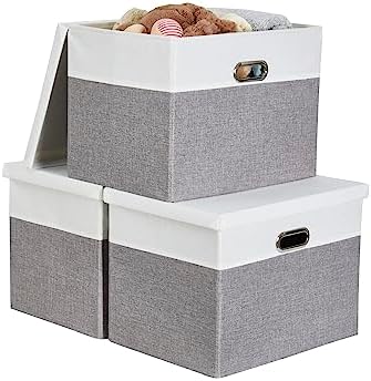 DECOMOMO Storage Box with Lid, Large Stackable Storage Basket with Lid Toy Box Storage Baskets for Shelves Kids Nursery Clothes Shoes Books Closet (Set of 3, Grey & White)