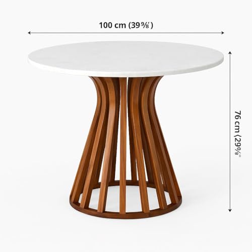 Image of 4-Seater Round Dining Table Set, White Quartz Marble Top Dining Table with Solid Wood Base, Contemporary Dining Room Table Set with Chairs