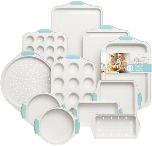 11-Piece Non-Toxic Bakeware Set – Nonstick, Stackable & Oven Safe with Heat-Resistant Silicone Handles – Cookie Sheet, Cake Pan, Muffin Mold, Pizza Tray & Bread Loaf Dish, White & Sky Blue