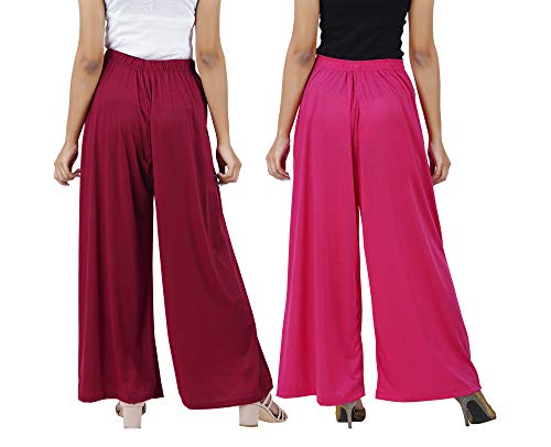 Image of Buy That Trendz M to 6XL Cotton Viscose Loose Fit Women Flared Wide Leg Palazzo Pants for Maroon Rani Pink 2 of Pack Combo Large