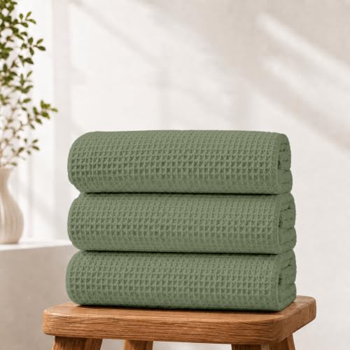 Image of Pure Cotton Waffle Towel | Lightweight | Anti Microbial and Water Absorbent | Soft Touch Quick Drying Bath Towel (Sage Green, Pack of 1)