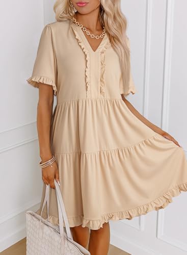 Image of Dokotoo Womens Summer Dresses 2026 V Neck A Line Short Sleeve Casual Ruffle Babydoll Mini Dress