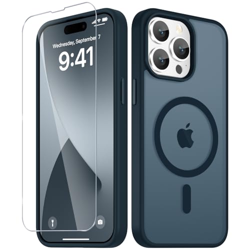 Image of YENAPOON for iPhone 14 Pro Max Case, Matte Magnetic Phone Cover [with 1 Screen Protector] [Support for MagSafe] [Shockproof Military Grade Protection] Translucent Frosted Back, Navy Blue