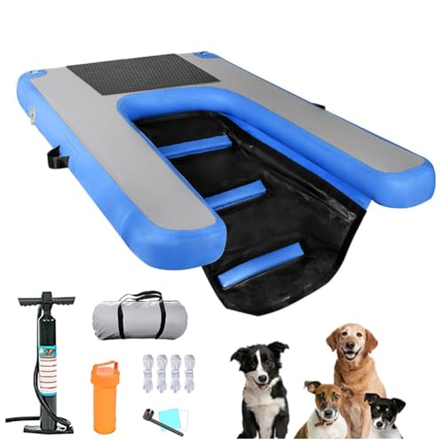 犬用水上ランプボート用インフレータブルドッグランプ、大型犬用ボート用スロープ滑り止めステップ付き、プール用ドッグランプインフレータブルパッププランクドッグフロートフローティングランプラダー、 簡単に膨らませられます,青