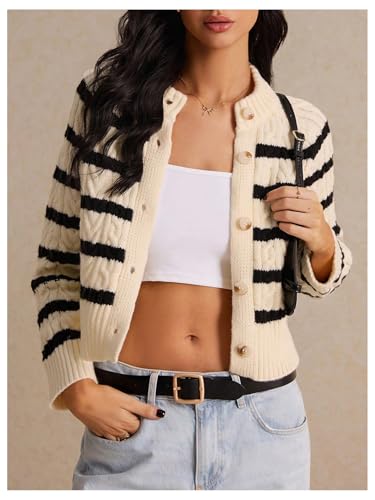 Image of GORGLITTER Women's Striped Sweater Cardigan Crewneck Button Down Long Sleeve Casual Knit Cropped Cardigan 2024 Trendy Black and White Small
