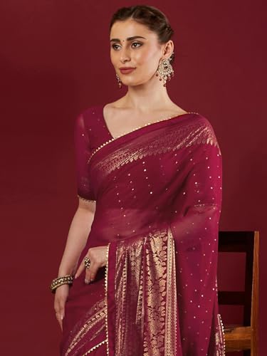 Image of SAMAH Women's Georgette Foil Printed Lace Work Saree with Unstitched Blouse Piece