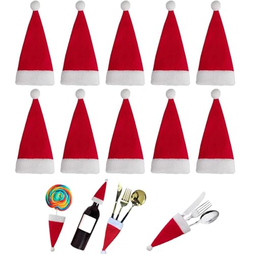 SURALIN Confezione da 10 Mini Cappelli di Babbo Natale Portaposate Natalizi, Borsa per Posate Coltello Forchetta Cucchiaio Natale Tappo per Bottiglia di Vino Piccolo
