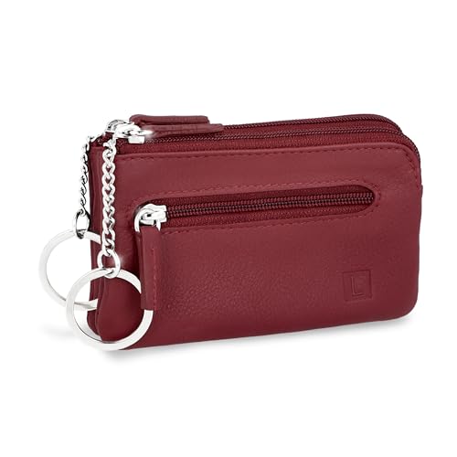 LEDEROW XXL Schlüsseltasche aus echtem Leder in Rot für Damen und Herren, großes Schlüsseletui mit 3 separaten Reißverschlussfächern für Schlüssel und Autoschlüssel