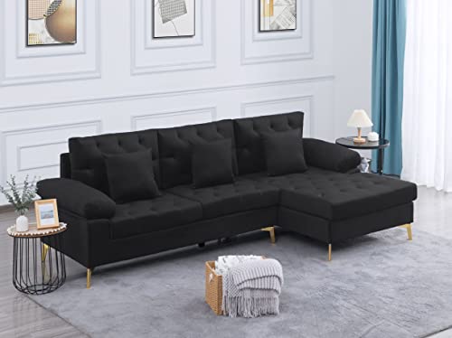 Lepfun Modern Reversible L-Shape 4-Seat Couch Modular Sectional Sofa, Upholstered 96.5 ”Right Hand Facing Sofa & Chaise, Black #TOP2