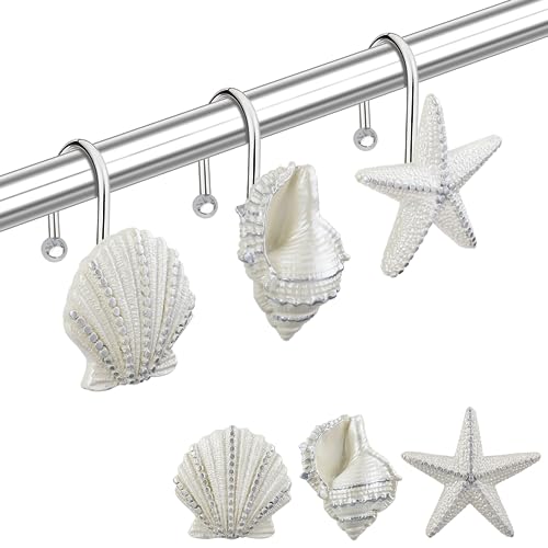 Yapicoco Shower Curtain Hooks Rings, 12PCS Pearl Shine Seashell Shower Rings， Anti Rust Decorative Shower Hooks for Beach Bathroom, Baby Room, Bedroom, Living Room Décor