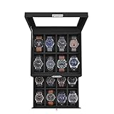 SONGMICS 16-Slot Watch Box, Watch Case with Glass Lid, 2 Layers, Lockable Watch Display Case, Black Synthetic Leather, Black Lining UJWB016B01