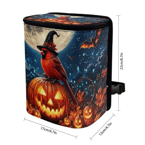 Image of Talayituse Cardinal Pumpkin Moon Bat Print Car Trash Can with Lid, Leak Proof Auto Trash Bag Hanging Vehicle Garbage Can Multipurpose Storage Container for Back Seat Road Trip Halloween Decor