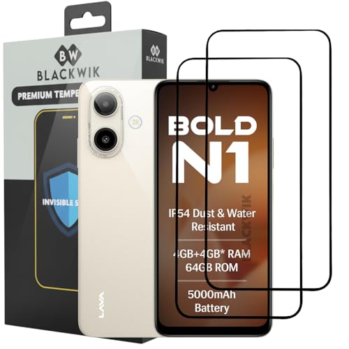 Image of Blackwik Tempered Glass Screen Protector for Lava Bold N1 with Edge-To-Edge Protector Coverage | Easy Installation Kit (Black) (Pack Of 2)