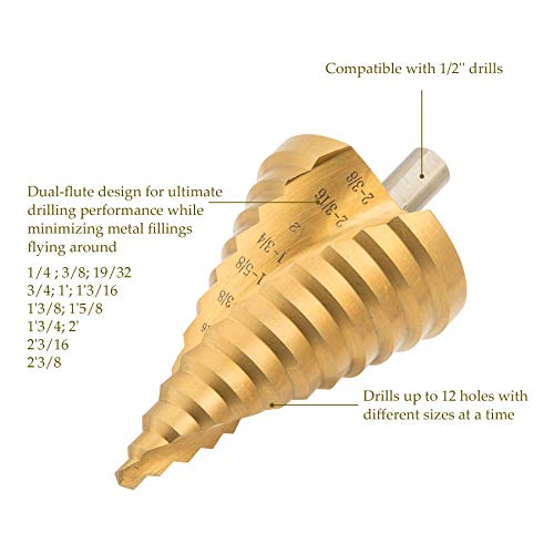 CO-Z Large HSS Spiral Groove Step Drill Bit, 12 Sizes Titanium High Speed Steel 1/4