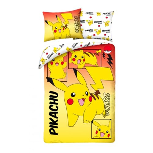 POKEMON PIKACHU 0025 - Juego de cama funda nórdica 140 x 200 cm + funda de almohada 70 x 90 cm - Reversible - 100% algodón Oeko-Tex - Amarillo