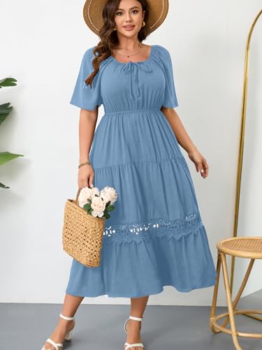 Image of RWJ Women's Plus Size Maxi Dress Short Sleeve Square Neck Flowy A-Line Lace Trim Flutter Party Casual Off Shoulder Dresses