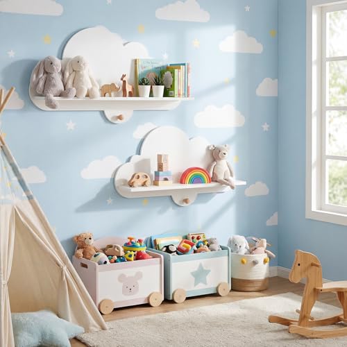 Costzon 2 Pieces Floating Cloud Shelves, Wall Mounted Kids Bookshelf w/Compartments, Cute Corner Bookshelves, Space Saving Wall Shelves for Kid's Room, Nursery, Playroom & Bedroom (Cloud)