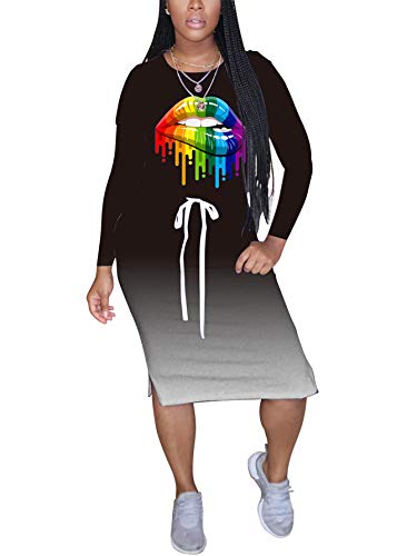 PINLI Women's Plus Size T Shirt Dresses for Women Casual Sexy Long Sleeve Lip Printed Maxi Dress with Pockets Black L